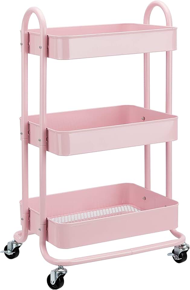 melyano Basics - Chariot de rangement 3 niveaux - roulettes - rose - dimensions compactes