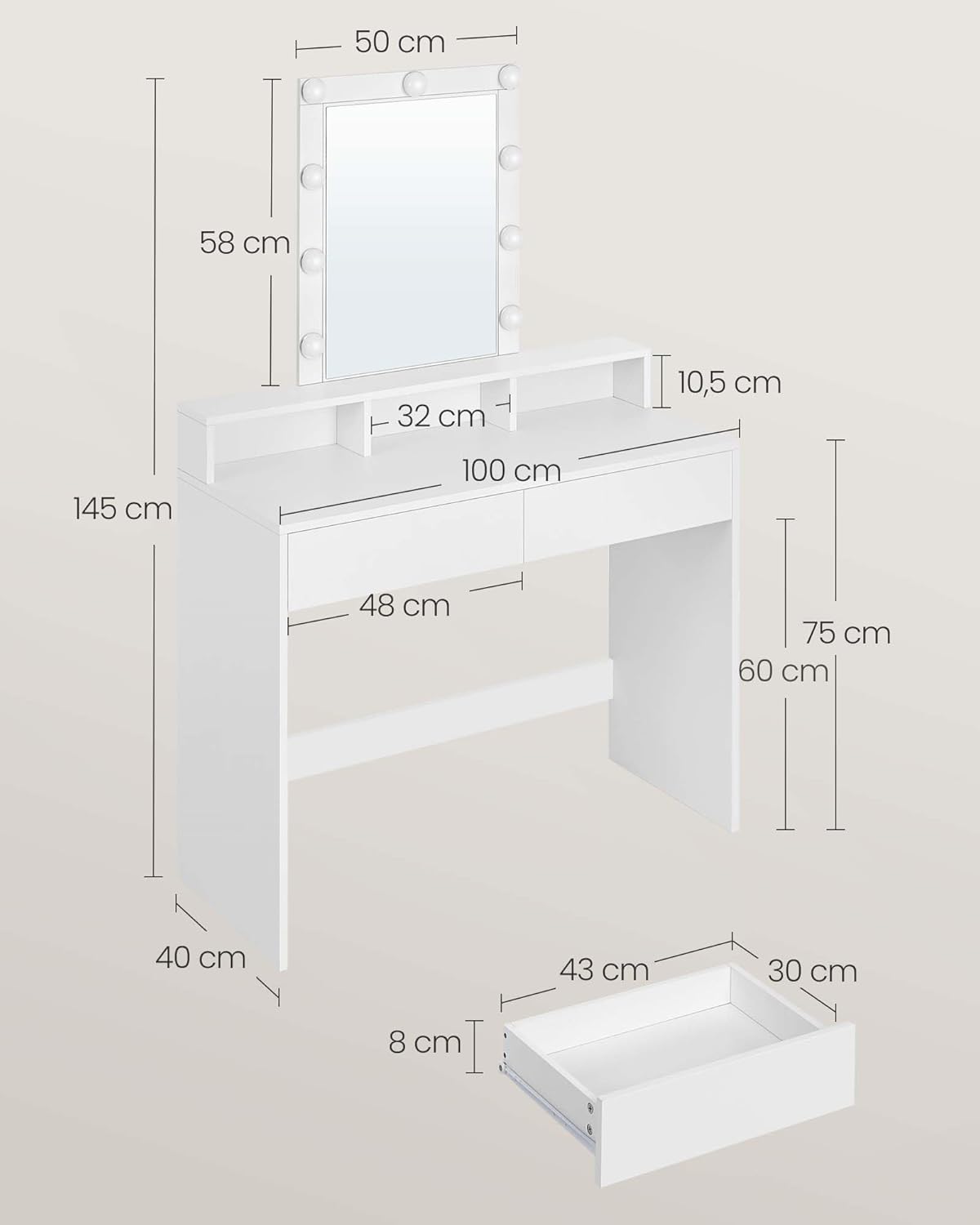 VASAGLE - KAILYN Collection - 100x40x145 cm - coiffeuse LED, 2 tiroirs, blanc RDT164W01