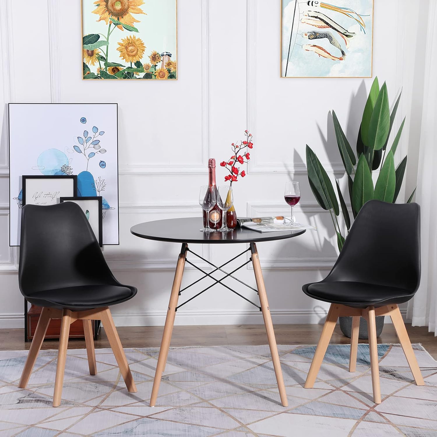 EGGREE - chaises rétro rembourrées, bois hêtre, lot de 2, noires