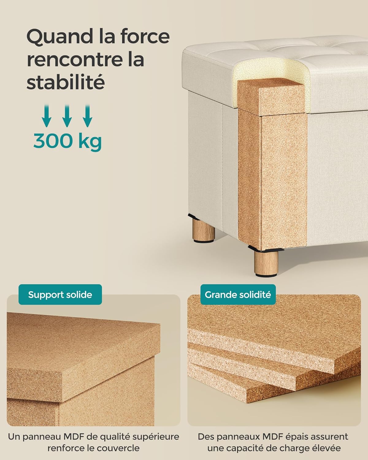 SONGMICS - Tabouret de rangement pliable 38x38x40 cm, supporte 300 kg, blanc crème LSF014W11