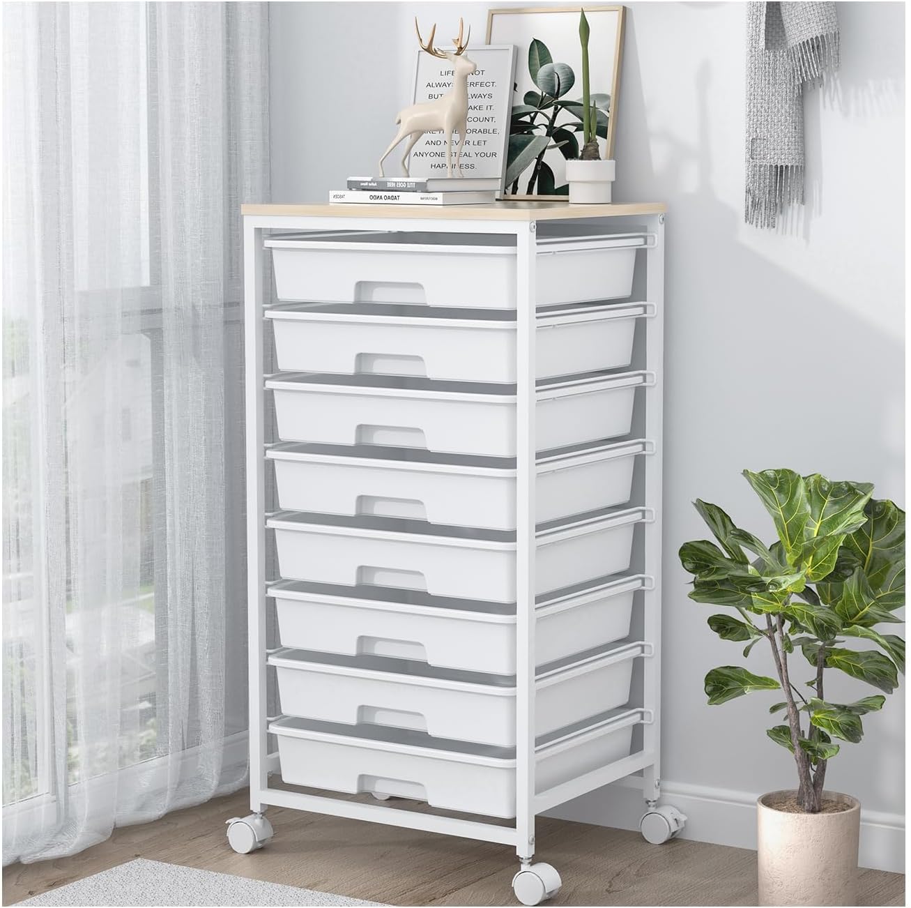 Chariot de salle de bain - 8 tiroirs, roulettes, grand plateau bois, blanc