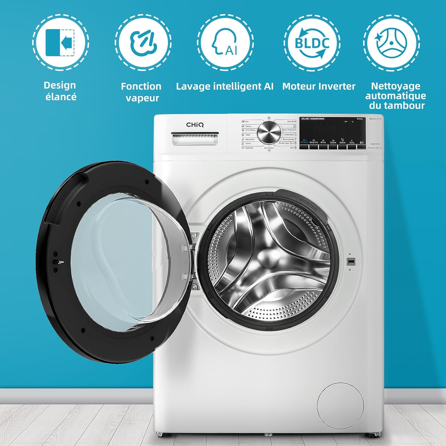 CHiQ - lave-linge Space Pro 10kg, 1400tr/min, IA, vapeur, CFL100-14586IM3XWA