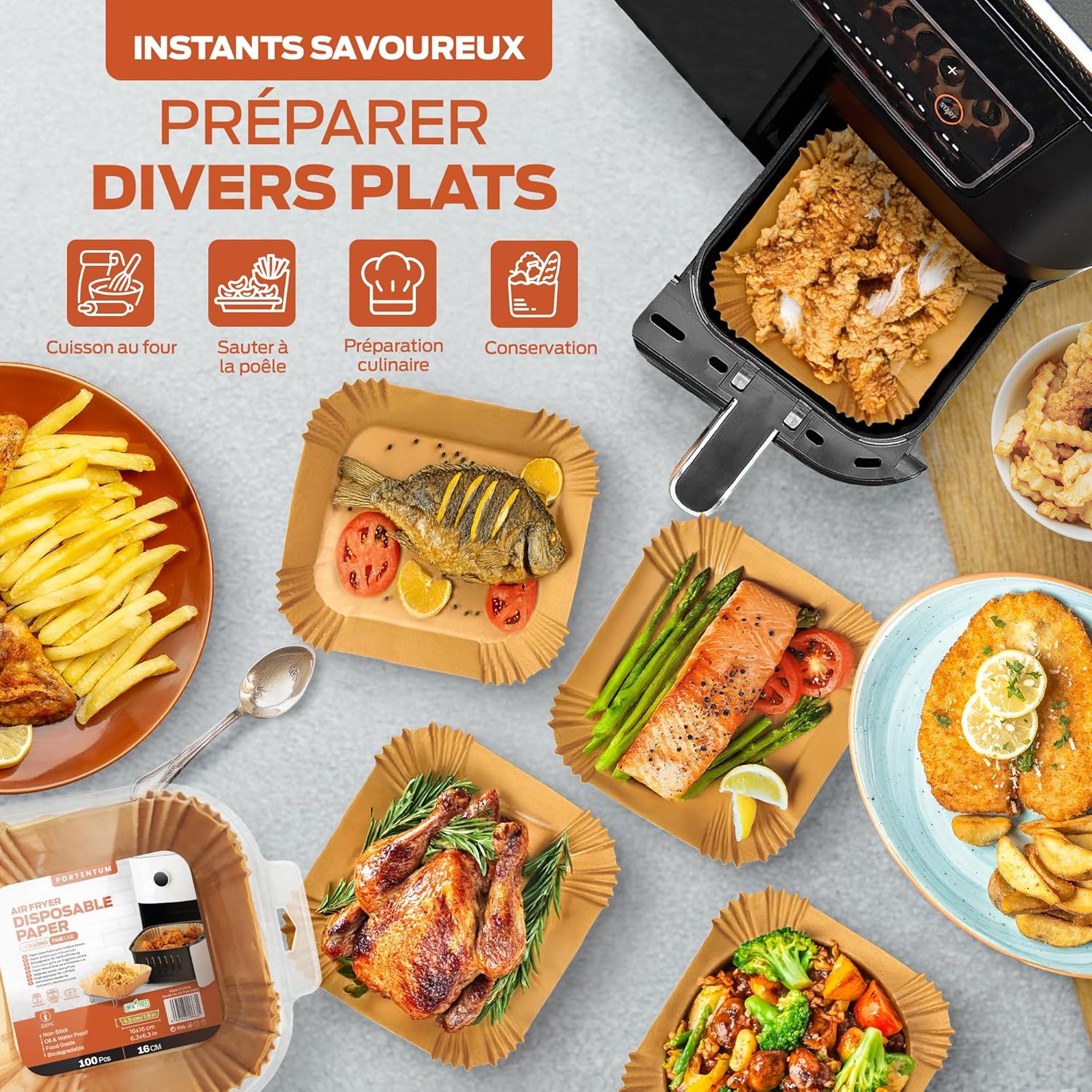 PORTENTUM - papier cuisson air fryer - 16x24cm - 100pcs BPA free