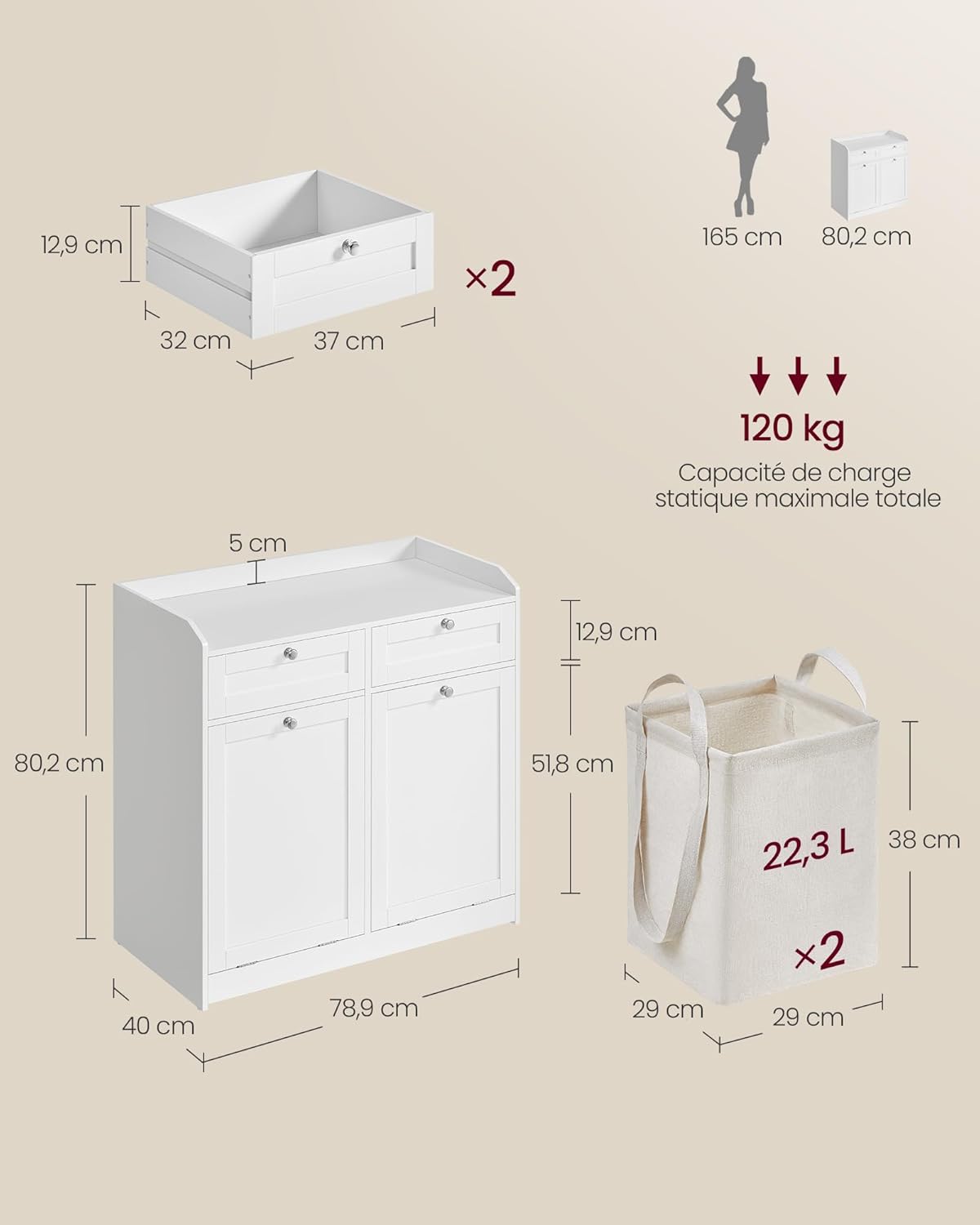 VASAGLE - meuble salle de bain avec paniers, 40x78,9x80,2 cm, 2 tiroirs, sac amovible, BBC751W01