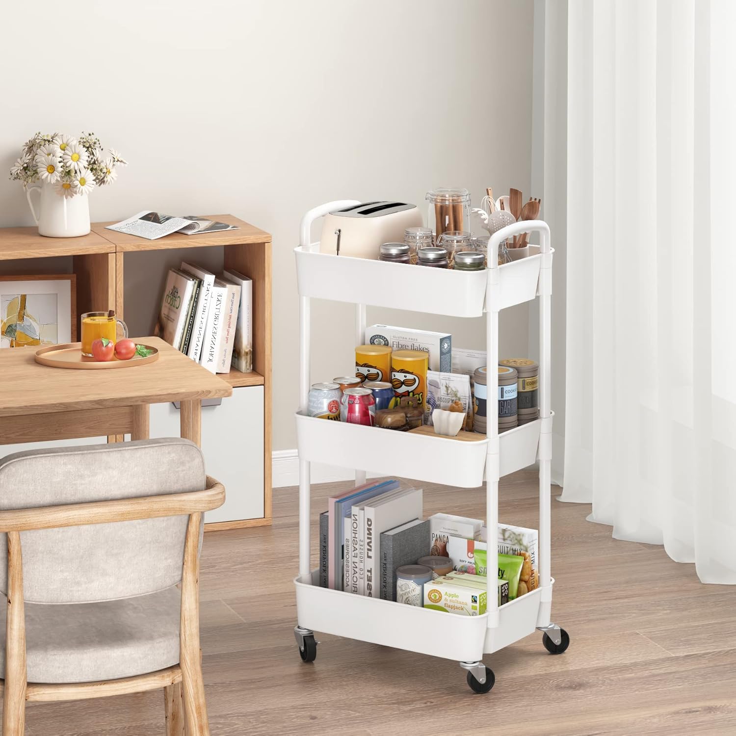 Sywhitta - chariot rangement 3 couches 39x29x76cm, roulettes, blanc
