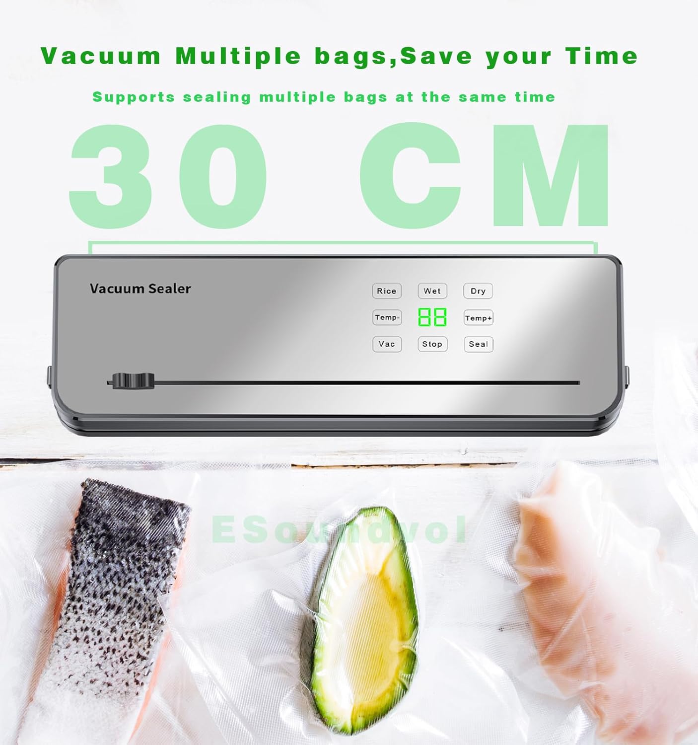 ESoundvol - Machine sous vide 8 en 1 - contrôle température, LED, coupe-aliments, 10 sacs
