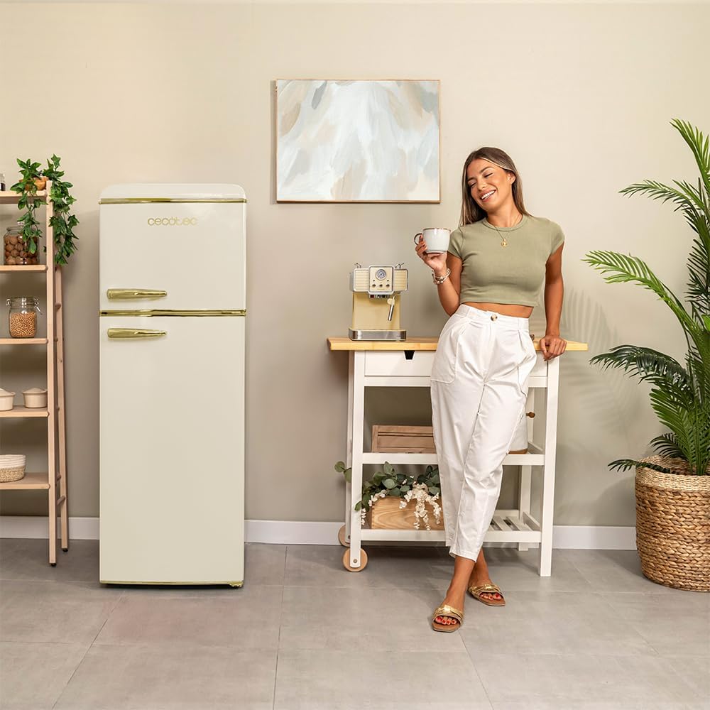 Cecotec - Bolero CoolMarket 2D Origin - 148x55 cm - rétro, LED, 215 L, poignée gold, contrôle température, E