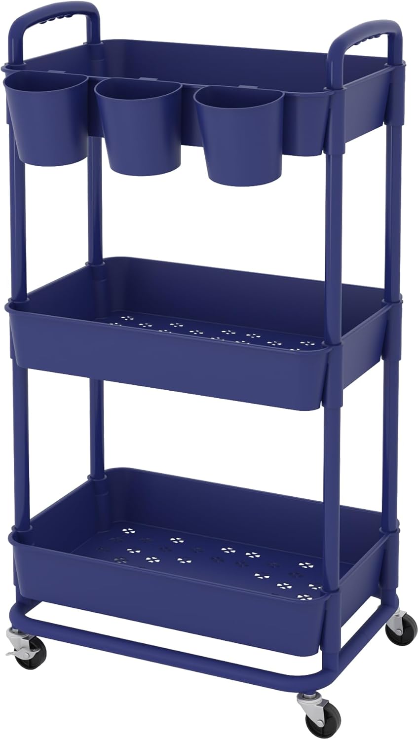JIUYOTREE - Chariot de rangement 3 niveaux - 43x36x87 cm - roulettes verrouillables, poignées, gobelets suspendus, Bleu