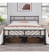 Yaheetech Cadre de lit 140x200 cm Lit en Métal pour Adultes Grande Espace en Lattes Moderne Noir