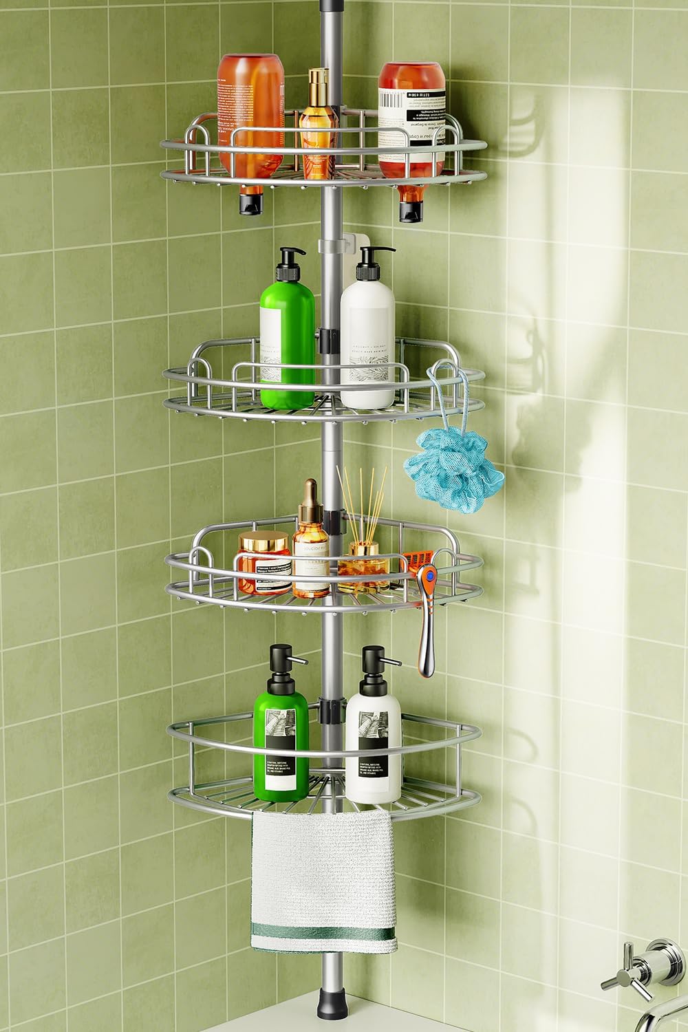 HAMITOR - Etagère douche télescopique, 121-314cm, 4 niveaux, métal, sans perçage