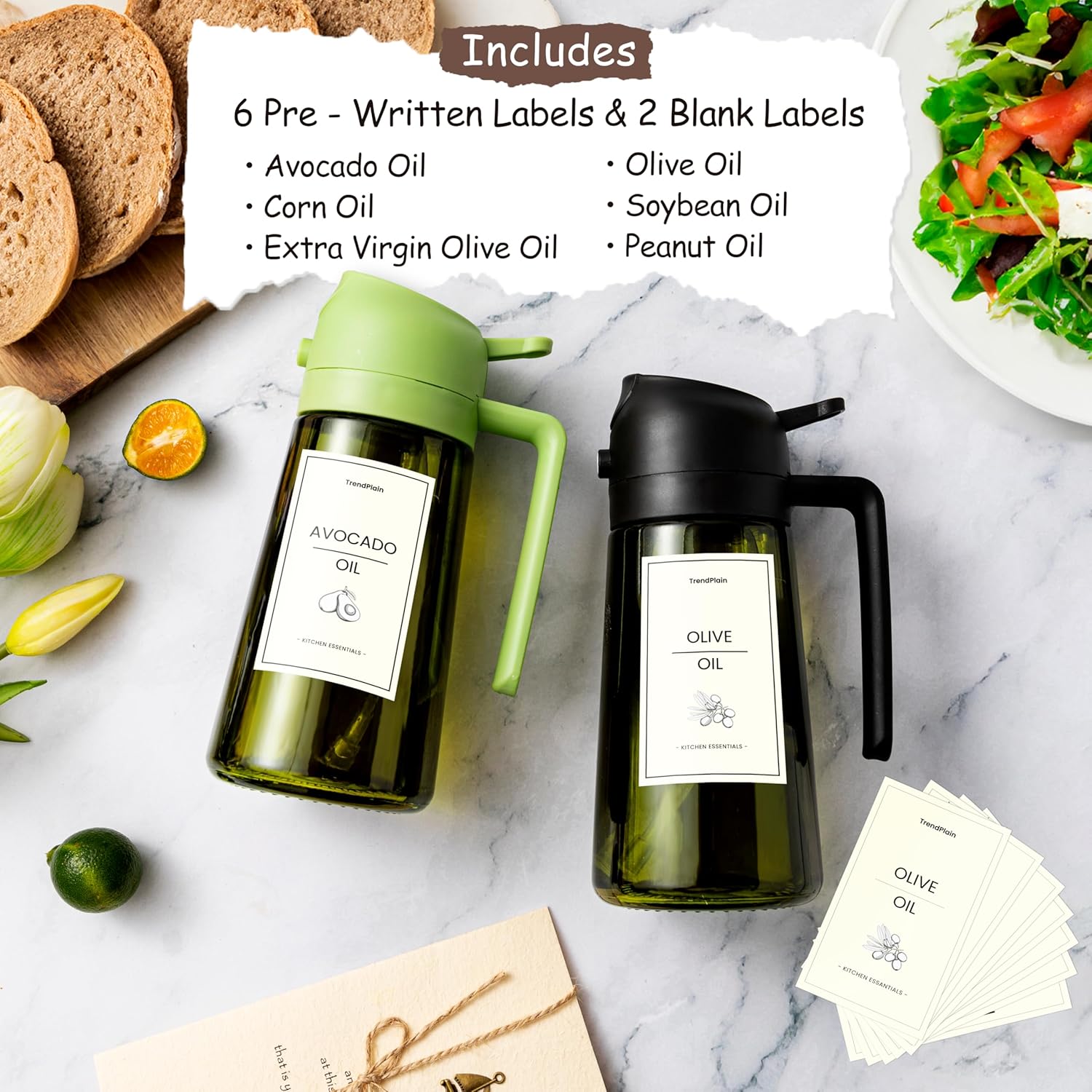 TrendPlain - Spray huile cuisine 470ml - vaporisateur 2-en-1, vert