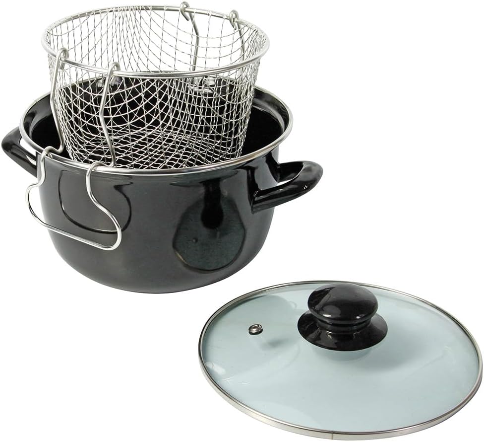 Crealys - Friteuse traditionnelle - Ø26 cm - Acier émaillé, panier, couvercle verre, tous feux induction - 545413