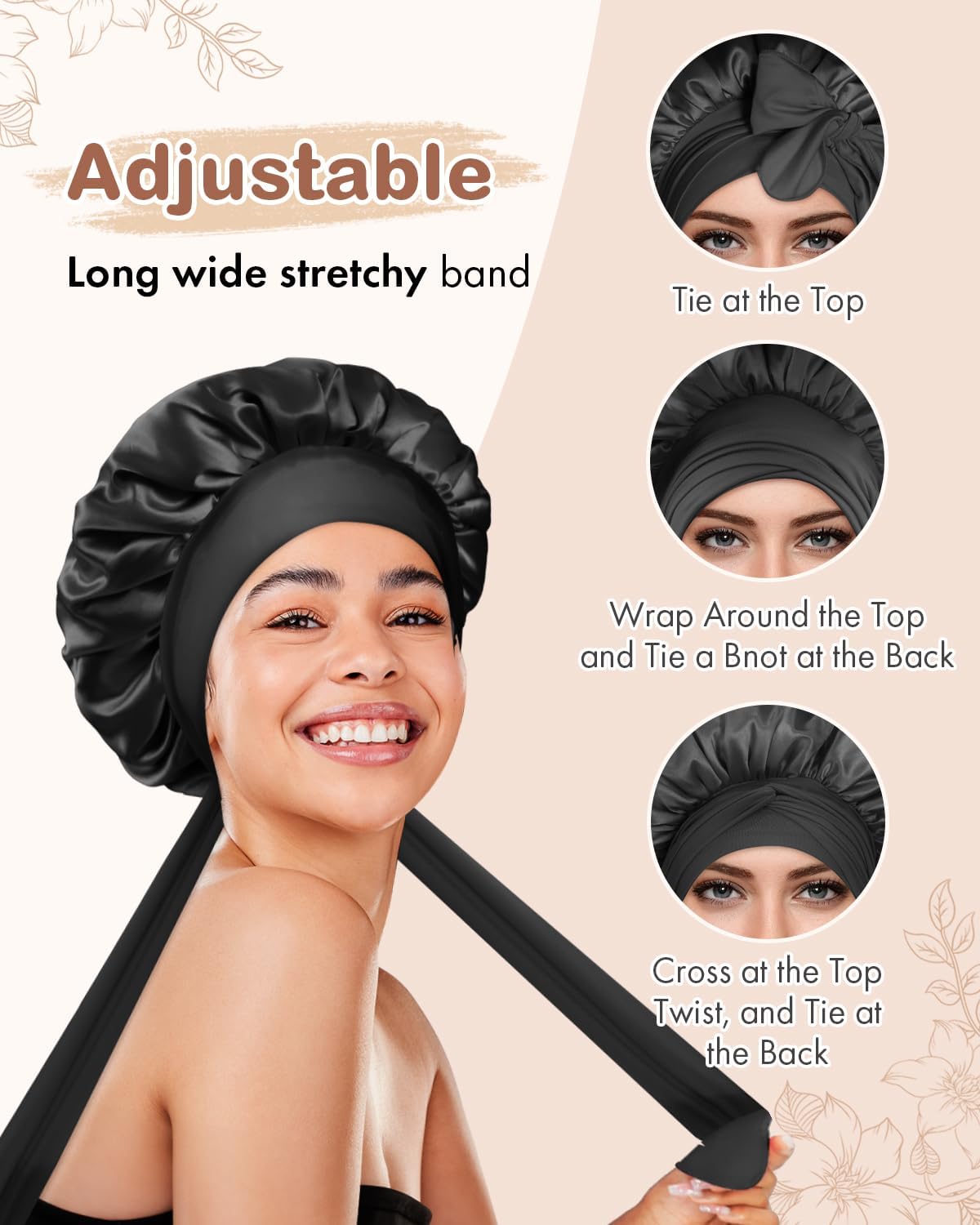 BONNET QUEEN - Bonnet Satin Cheveux Nuit - moyen - ajustable, double couleur, elastique, cheveux bouclés
