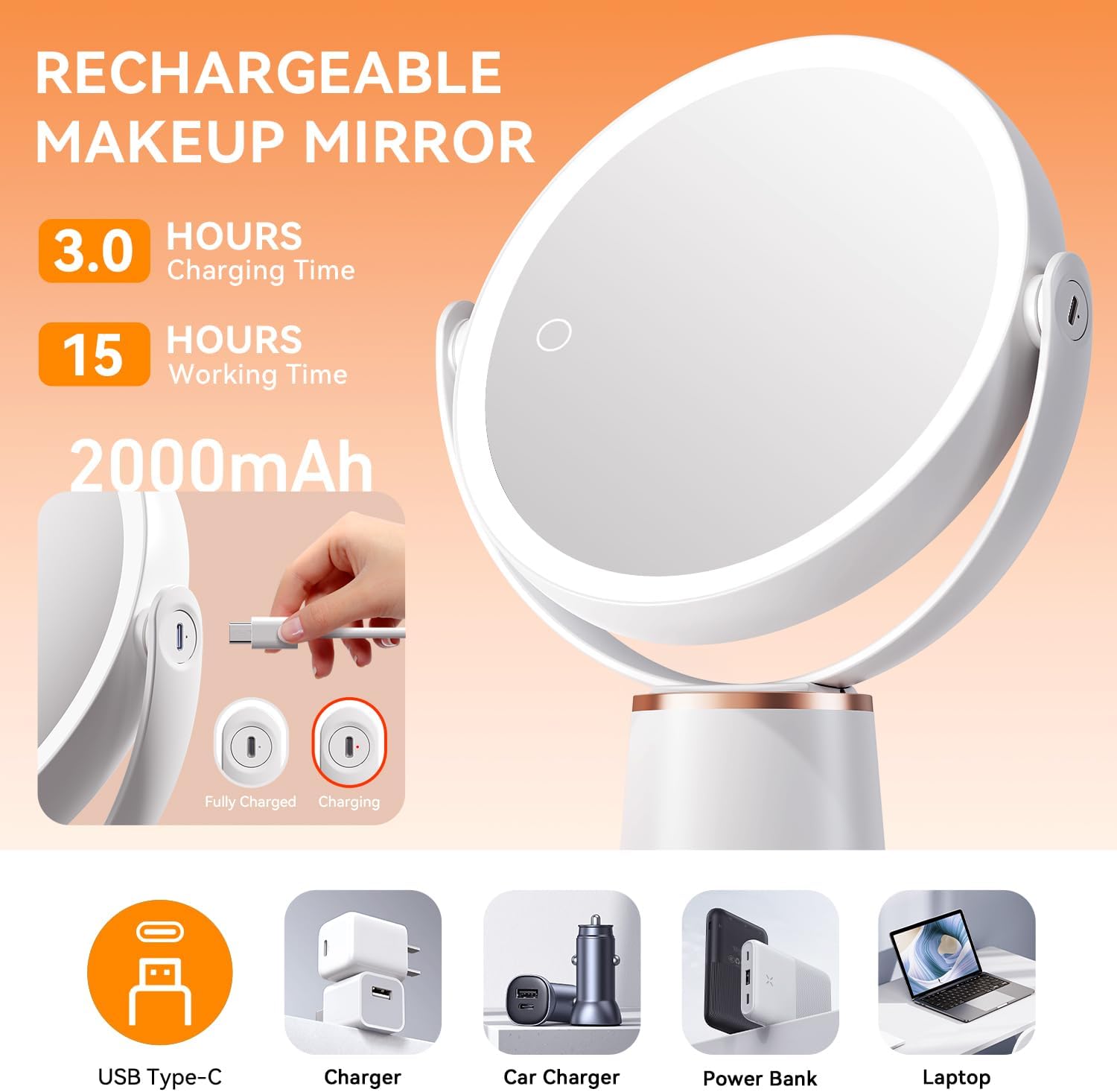 Auxmir - miroir lumineux double face - 30X/10X - 64 LED, 3 couleurs, 2000mAh, rotation 360°