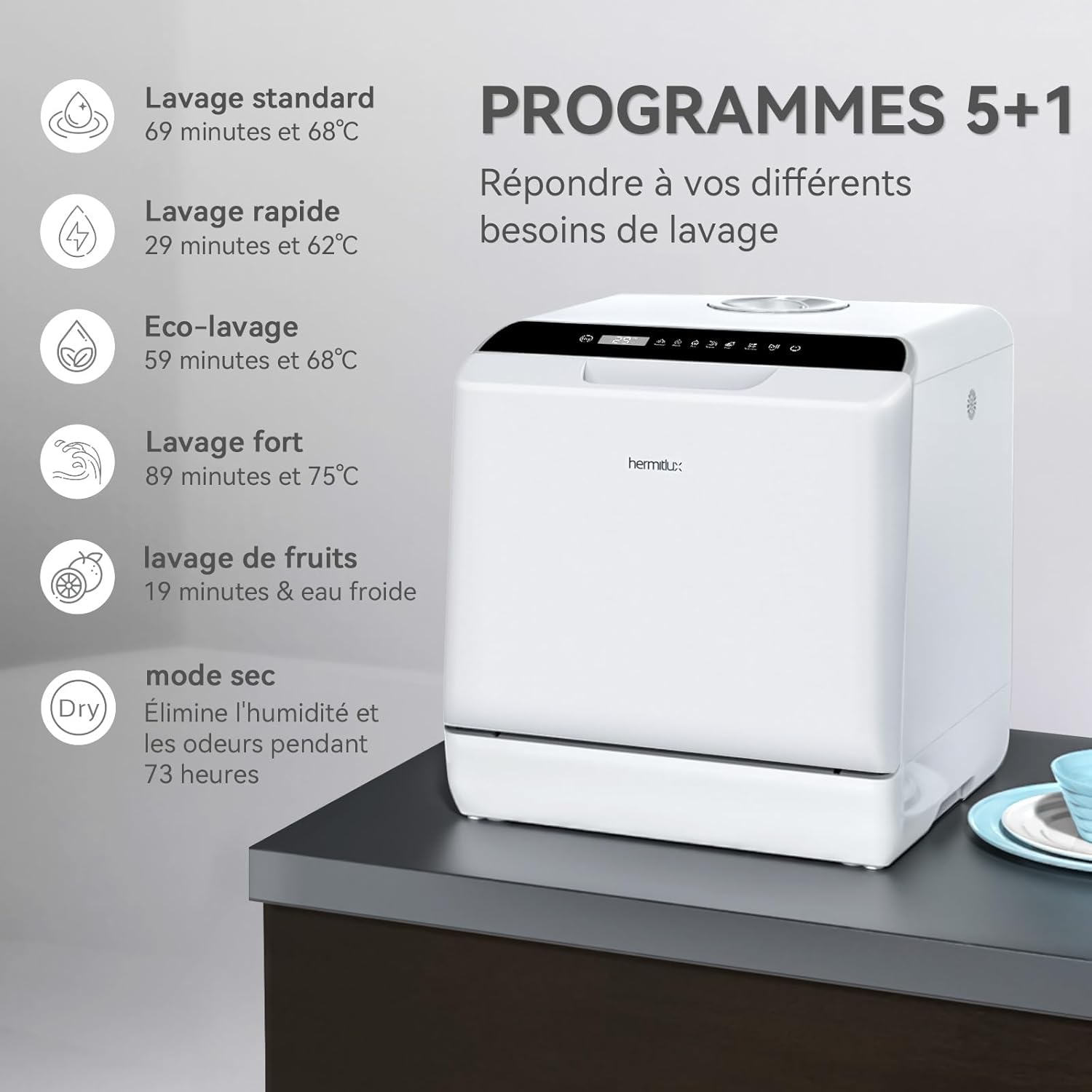 Hermitlux - mini lave-vaisselle 43cm - 4 couverts, robinet ou sans, 175 kWh/an