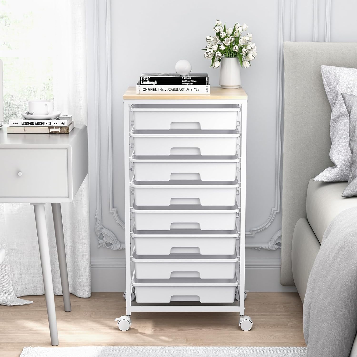 Chariot de salle de bain - 8 tiroirs, roulettes, grand plateau bois, blanc