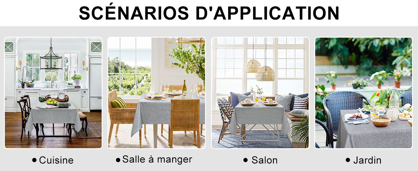 Quatre scènes de restauration intérieures et extérieures présentant des scénarios d'application étiquetés en français pour la cuisine, la salle à manger, le salon et le jardin.