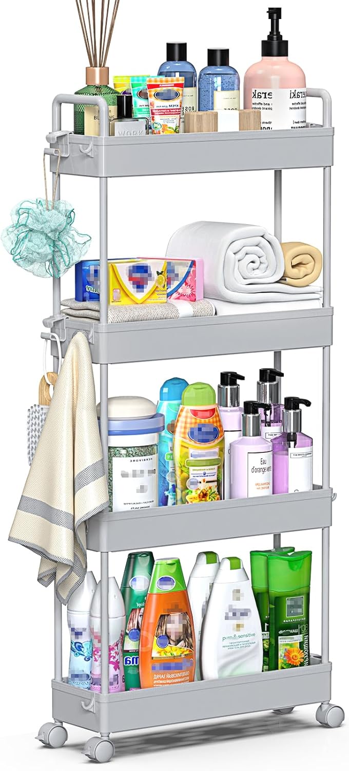 SOLEJAZZ – Chariot rangement 4 niveaux, plastique gris, mobile, cuisine/salle de bain/linge