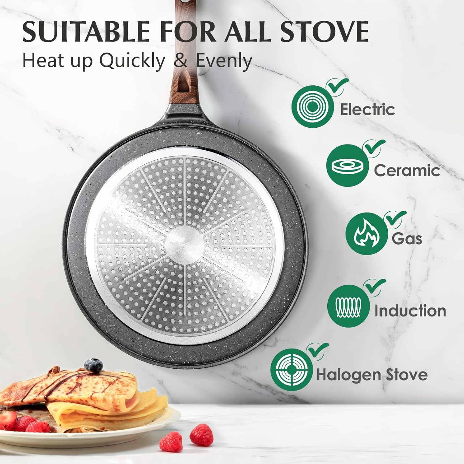 SENSARTE - poêle à crêpes série granit - 30 cm - revêtement antiadhésif induction, poignée ergonomique