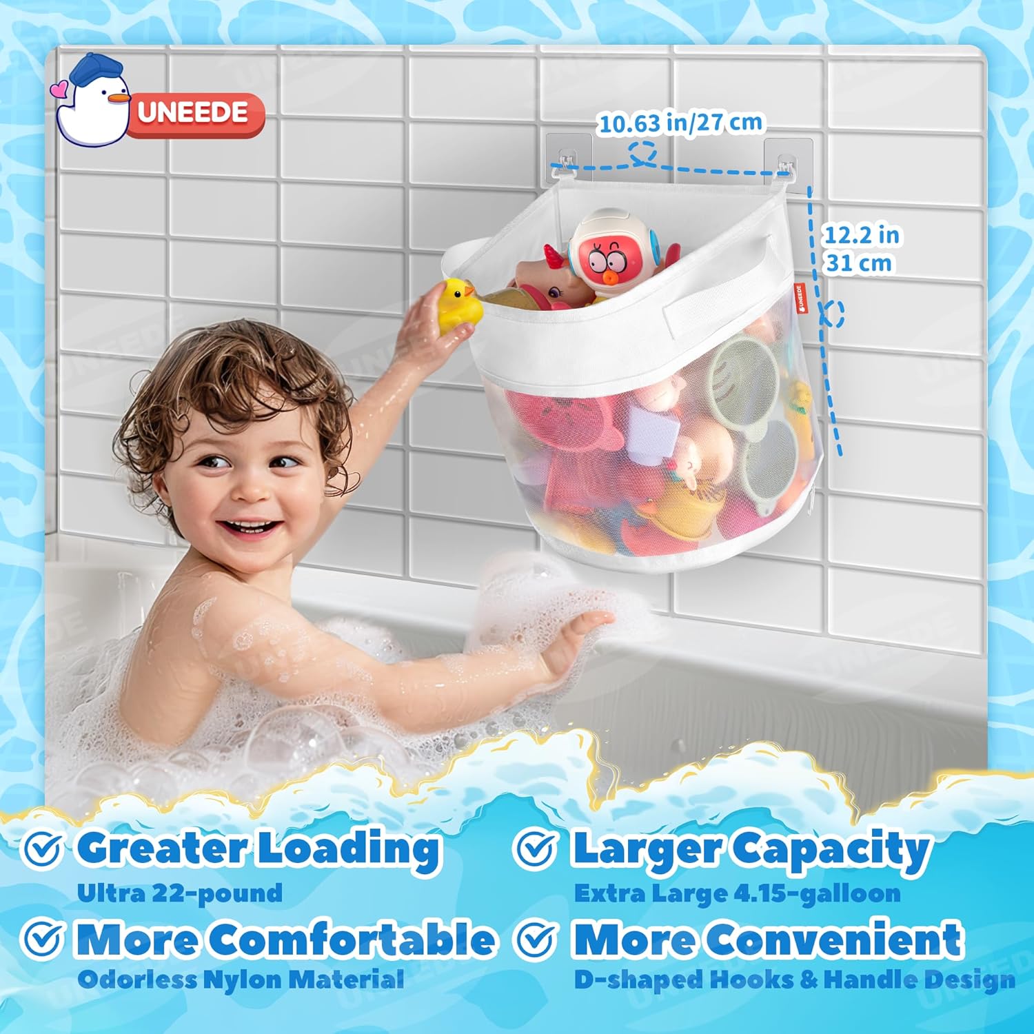 Rangement Jouets Bain bébé - filet organisateur, 4 crochets, grande capacité