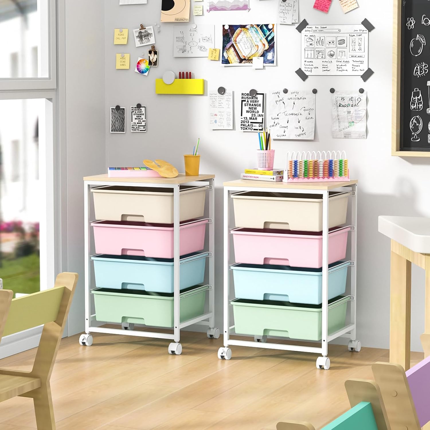 Chariot de rangement - 4 tiroirs, roulettes, plateau bois, grande capacité, multicolore - idéal cuisine/salon/chambre