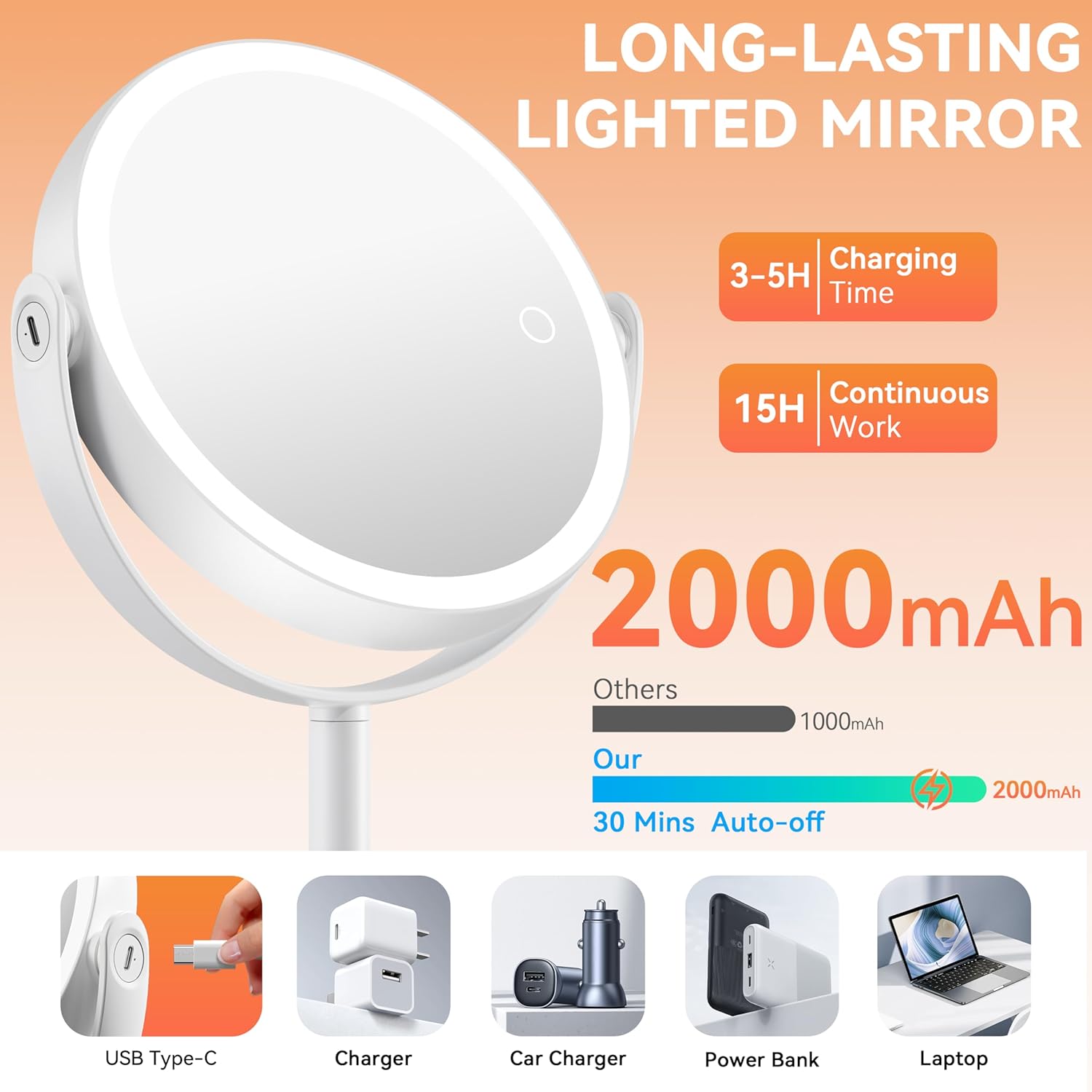Auxmir - miroir maquillage LED, 30X/1X, 3 couleurs, tactile, 360°