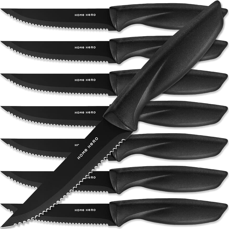 Couteaux à steak - lot de 8, 21cm, inox, lame dentelée, manche noir