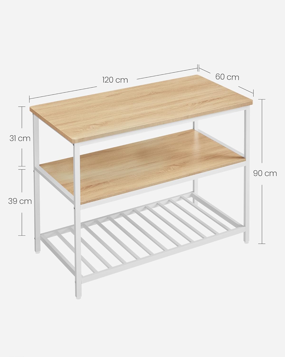 VASAGLE - îlot de cuisine 3 niveaux 60x120x90 cm acier chêne moderne KKI001W09