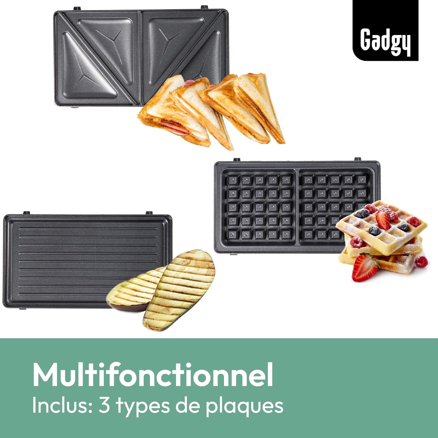 Gadgy - Gaufrier 3-en-1 - Multifonction avec plaques amovibles, poignée cool touch, pieds antidérapants
