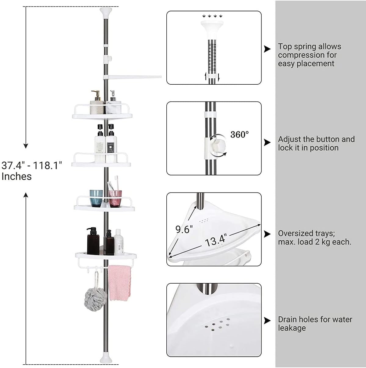 SONGMICS - étagère de douche réglable, 95-300cm, inox, 4 niveaux, BCB02SW