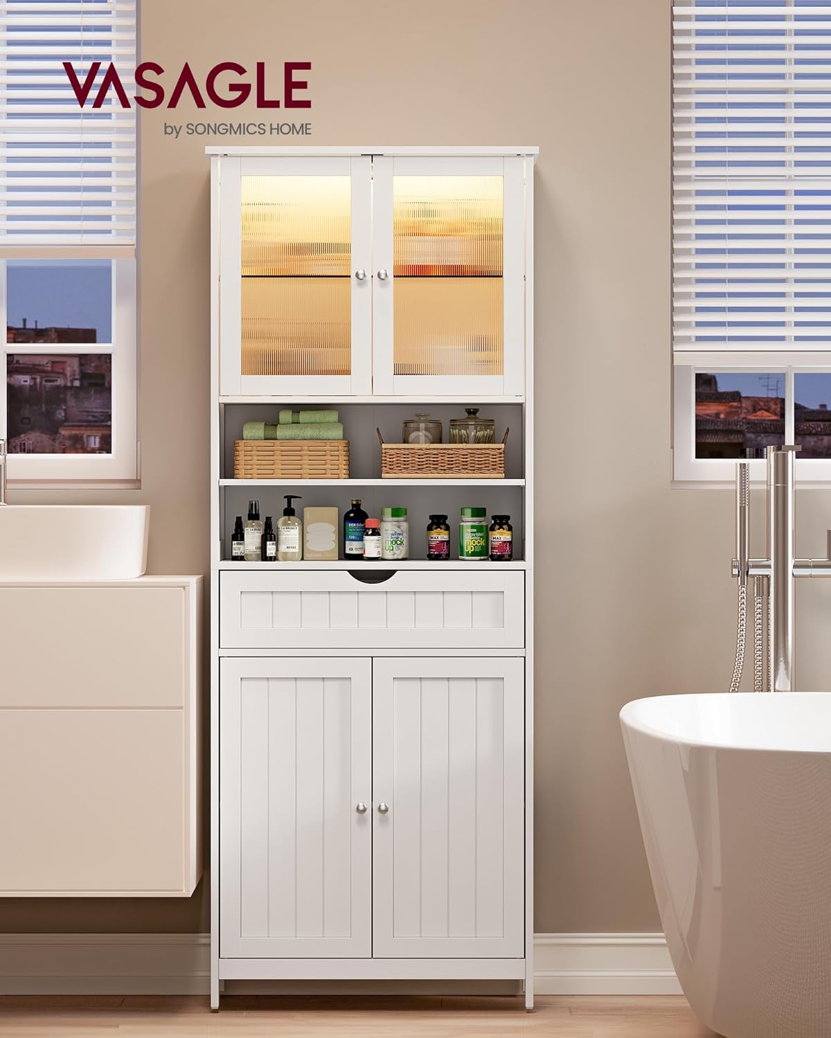 VASAGLE - armoire salle de bain, éclairage, étagères réglables, blanc, BBC767W03