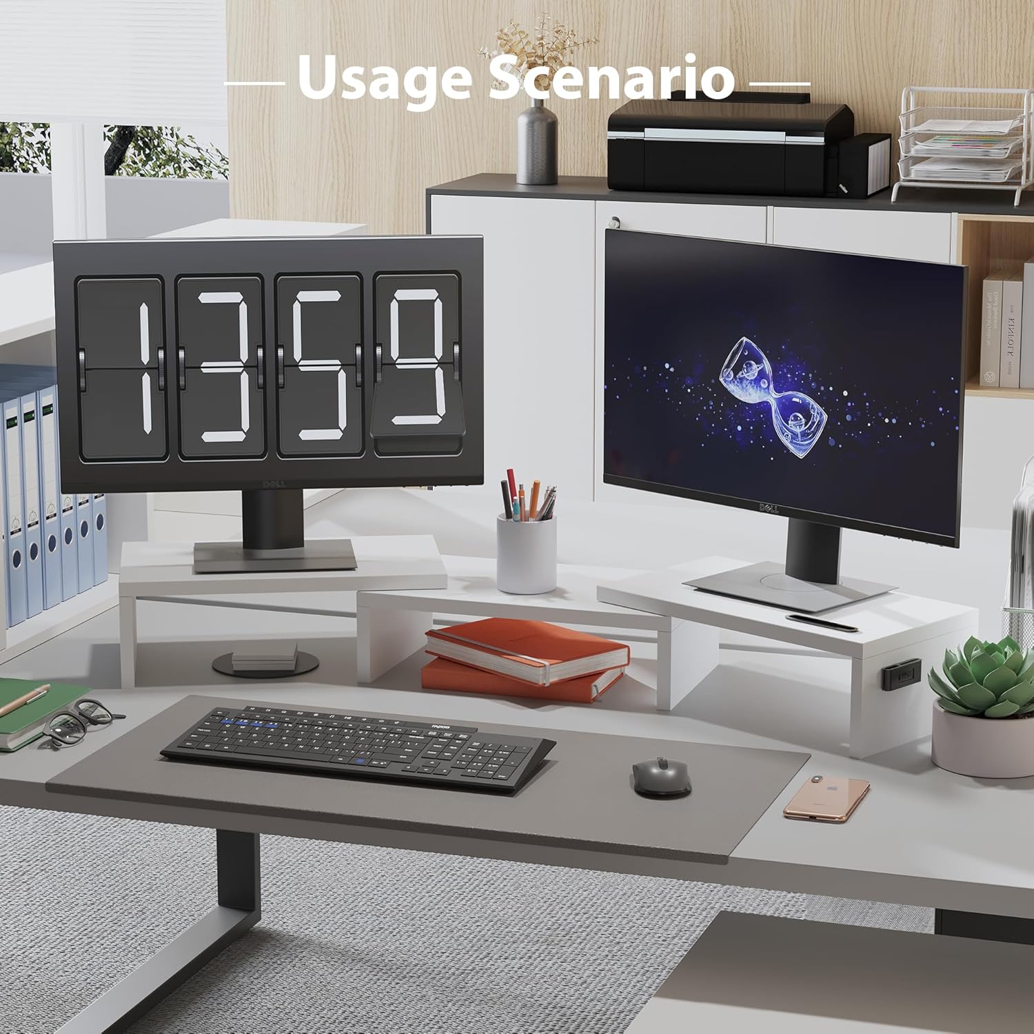 BONTEC - Support moniteur double réglable bois, blanc, longueur ajustable