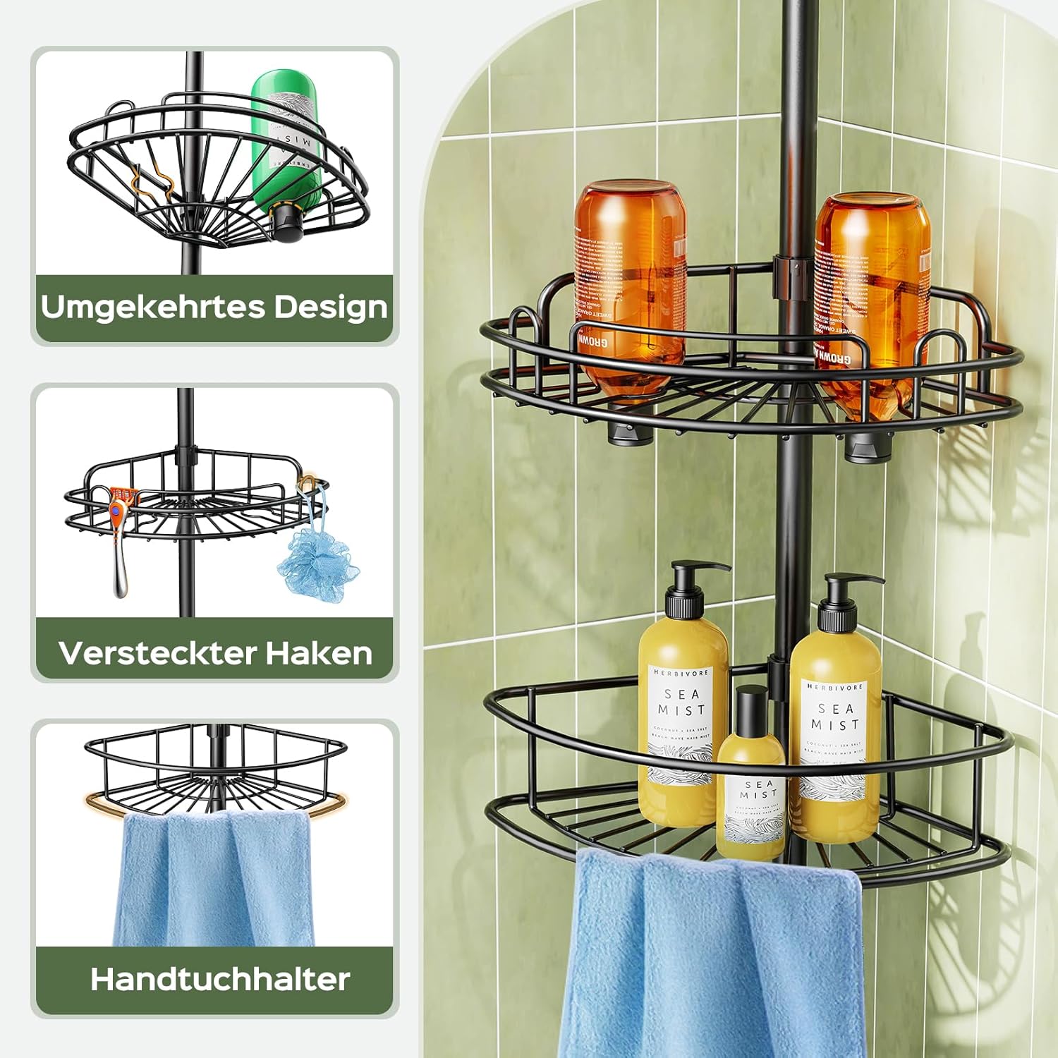 HAMITOR - étagère de douche d'angle télescopique - 121-314cm - 4 niveaux métal, sans perçage, noir