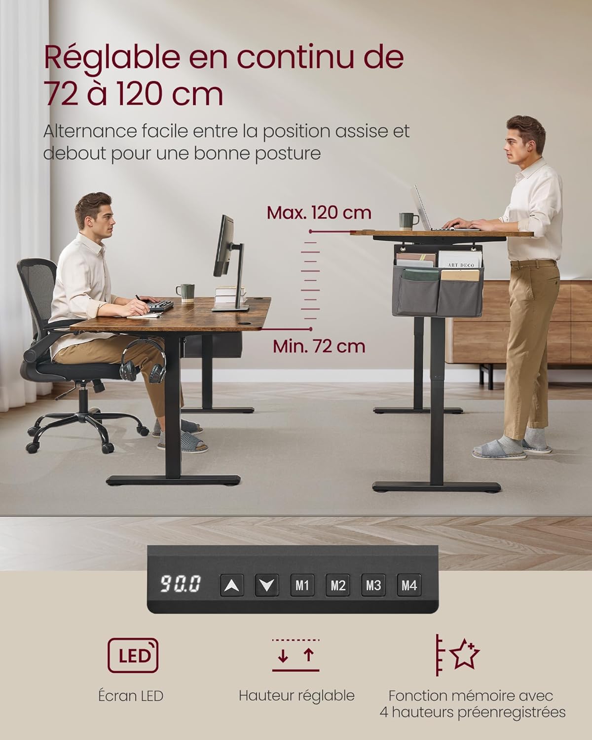 SONGMICS - bureau électrique réglable - 180x80 cm - 4 hauteurs mémoire, assis-debout, marron rustique - LSD138K01