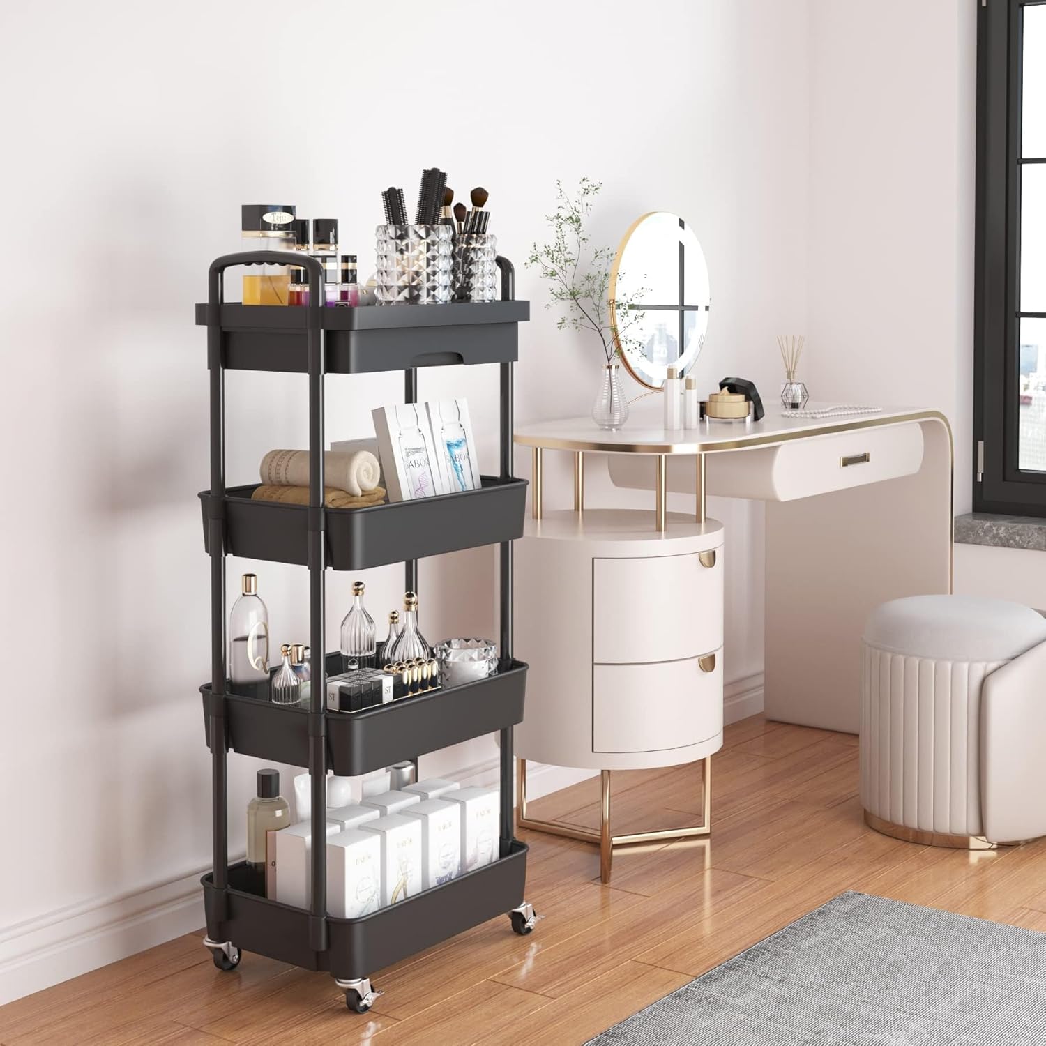 Chariot de rangement - 4 niveaux - plastique, roulettes, tiroir, compact