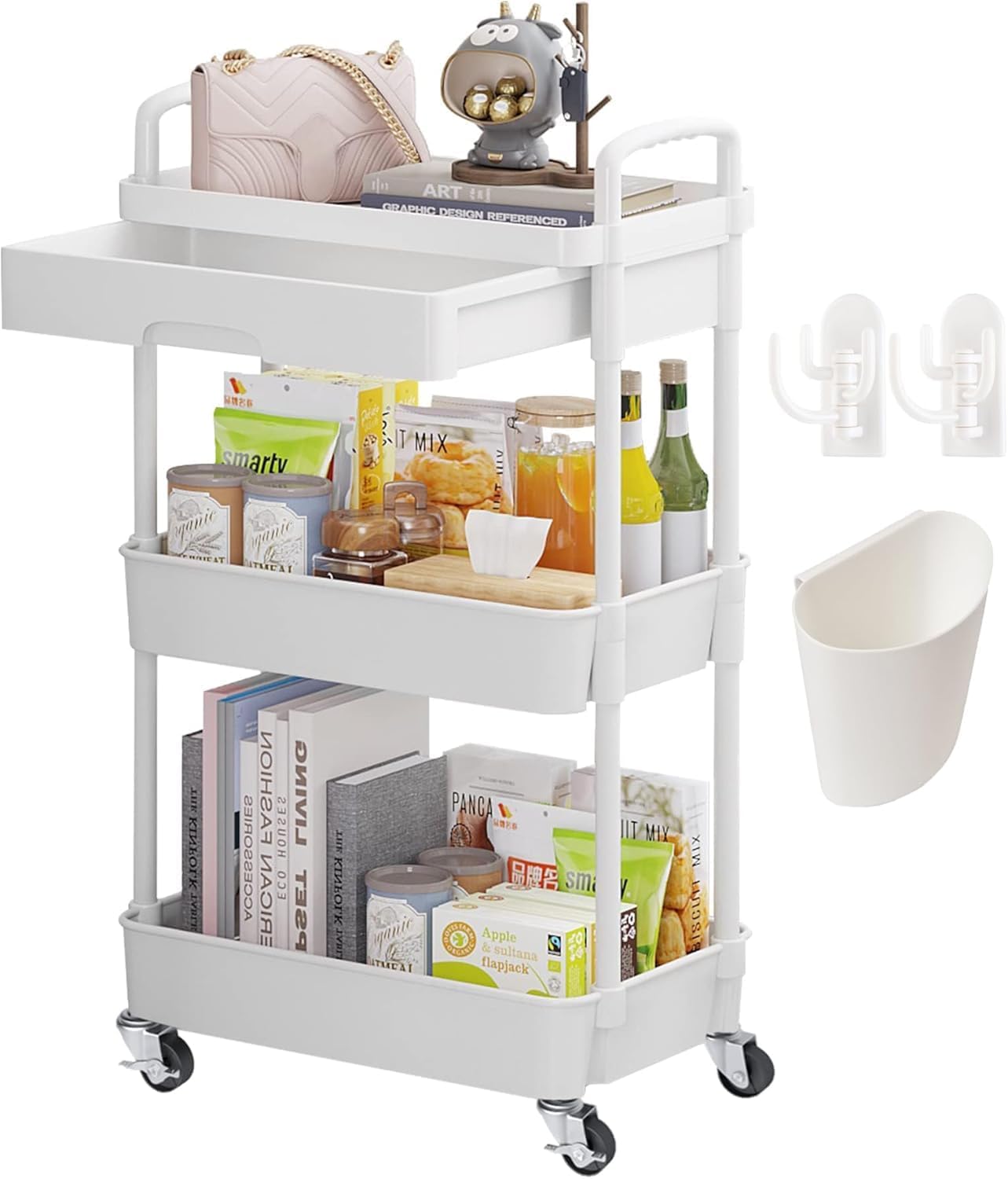 Chariot de rangement - 3/4 niveaux, plastique, tiroirs, à roulettes, compact