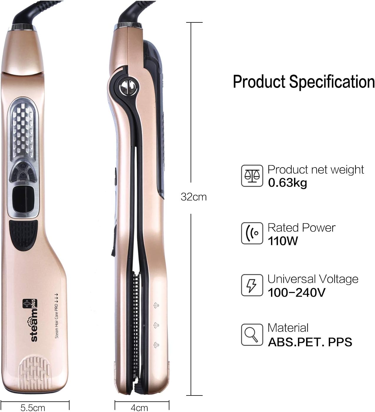 Fer à lisser professionnel - 5 trous vapeur, peigne intégré, anti-brûlure, verrouillage auto, dimensions compactes