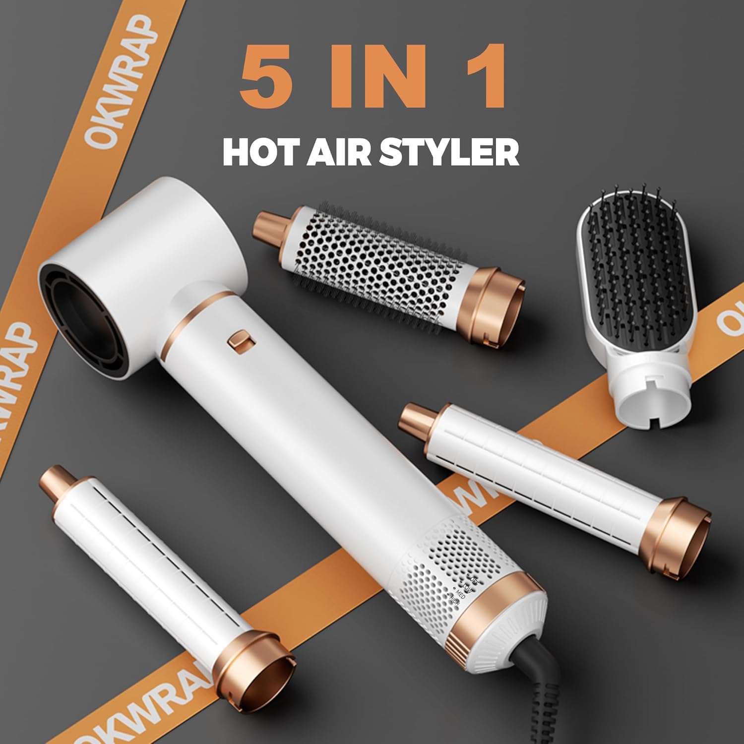OKWRAP - Airbrush 5 en 1, multifonction, boucle, lisse, sèche, OKWRAP