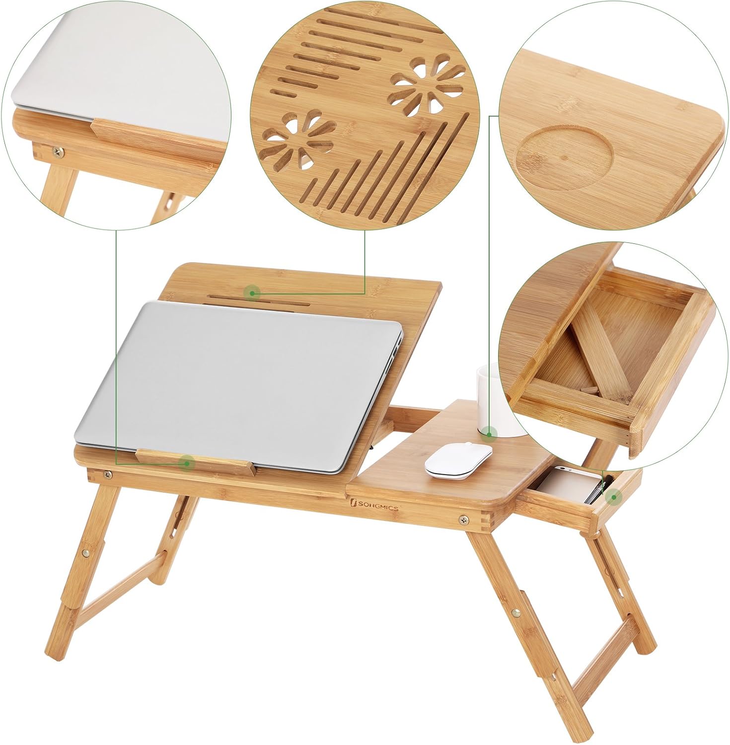 SONGMICS - Table de lit pliable bambou - 55x35x29 cm - inclinable LLD002