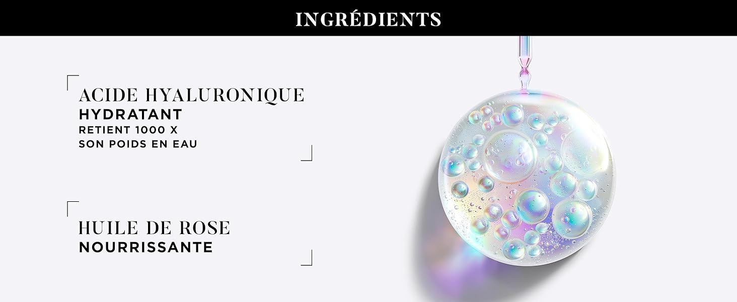 Le texte indique « INGRÉDIENTS », « ACIDE HYALURONIQUE », « HUILE DE ROSE ». Présentoir d'ingrédients de produits de beauté avec éléments sphériques bleus décoratifs.