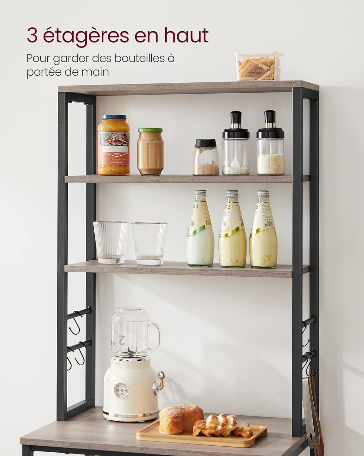 VASAGLE - étagère cuisine 40x60x167 cm, 6 niveaux, 6 crochets, acier, KKS024B02