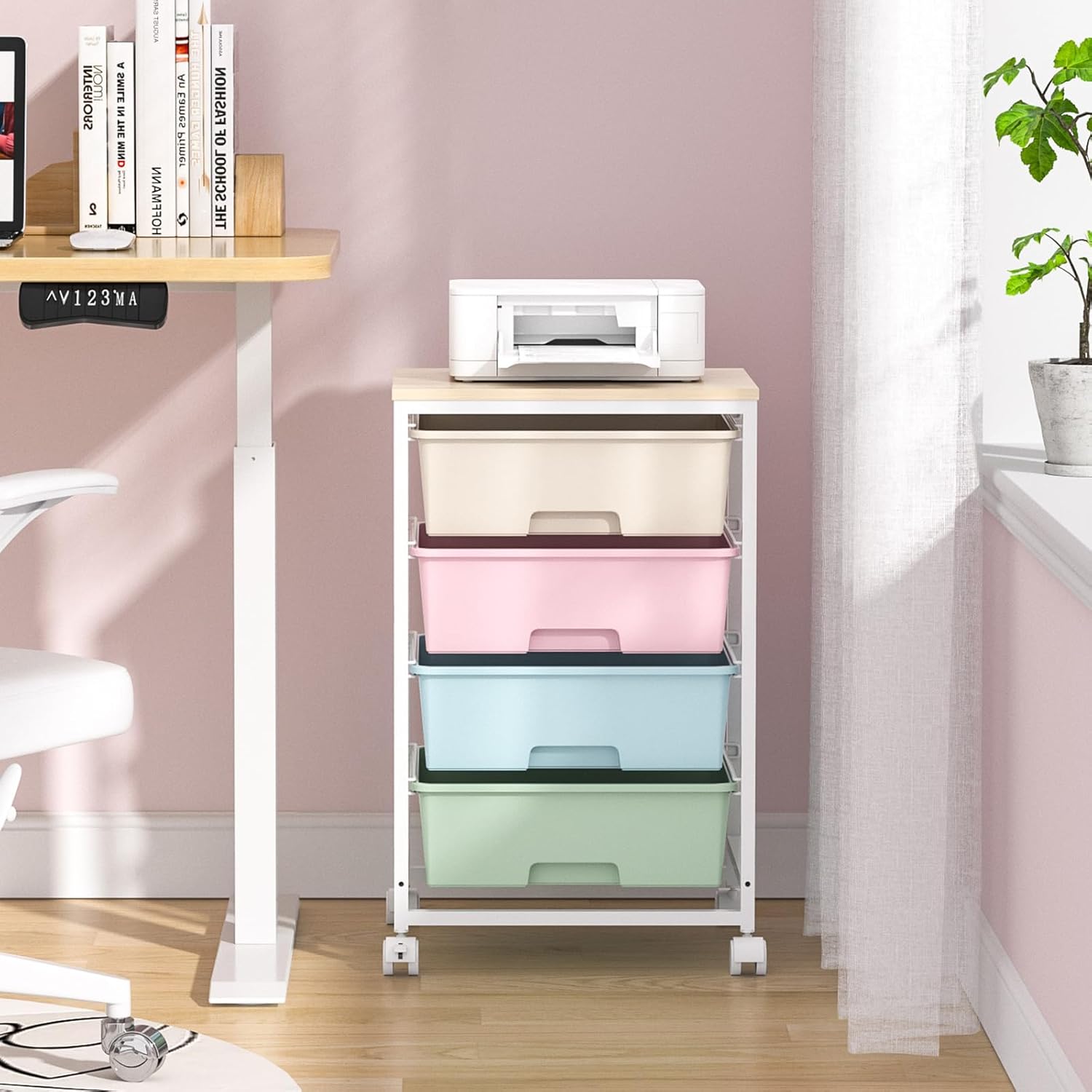 Chariot de rangement - 4 tiroirs, roulettes, plateau bois, grande capacité, multicolore - idéal cuisine/salon/chambre