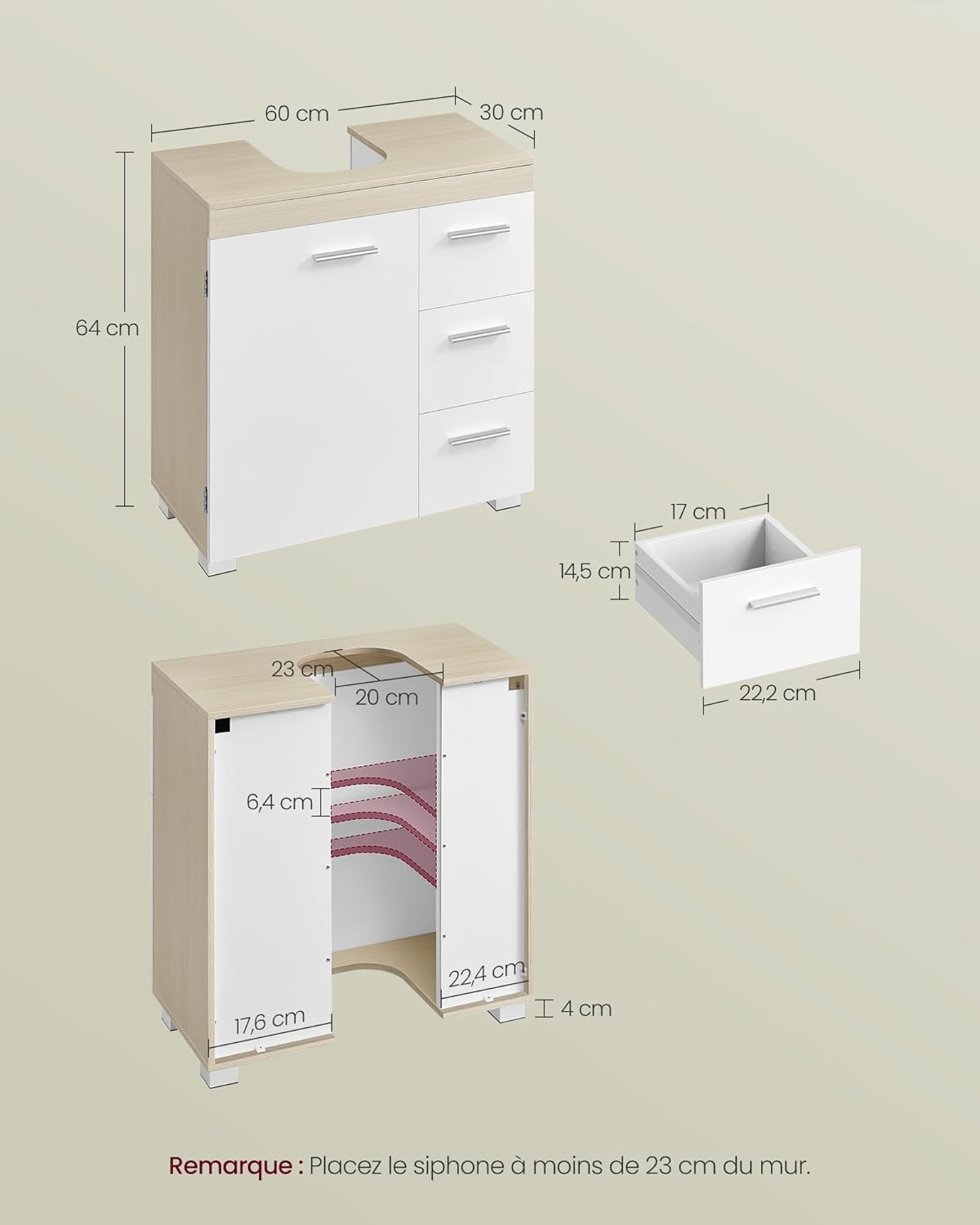 VASAGLE - meuble sous lavabo série BBK514LL01 - 30x60x64 cm, 3 tiroirs, 2 compartiments