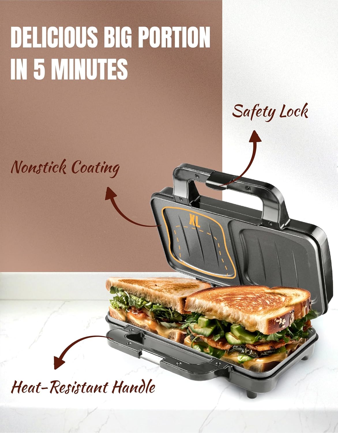 Bestron - Appareil croque XL pour 2 sandwichs, température auto, cuivre