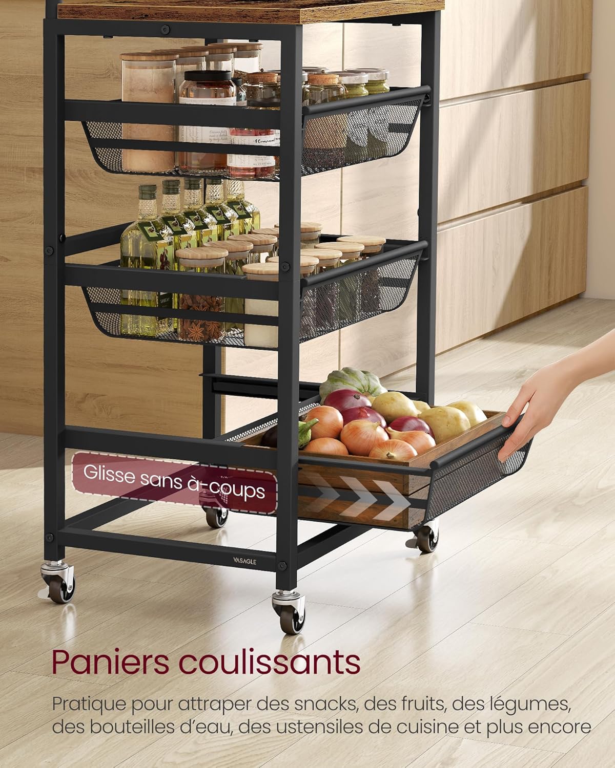VASAGLE - Chariot de rangement 4 niveaux, paniers extractibles, 31,7x40x76cm, poignée, roulettes, LRC040K01