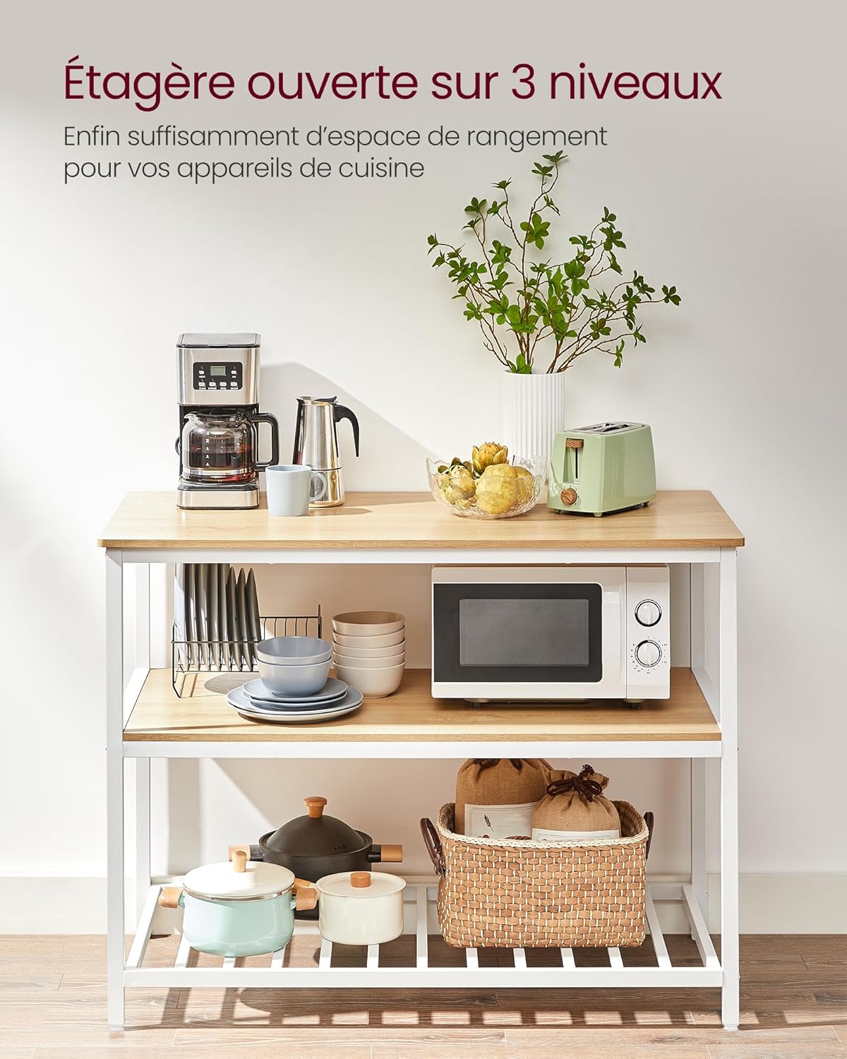 VASAGLE - îlot de cuisine 3 niveaux 60x120x90 cm acier chêne moderne KKI001W09