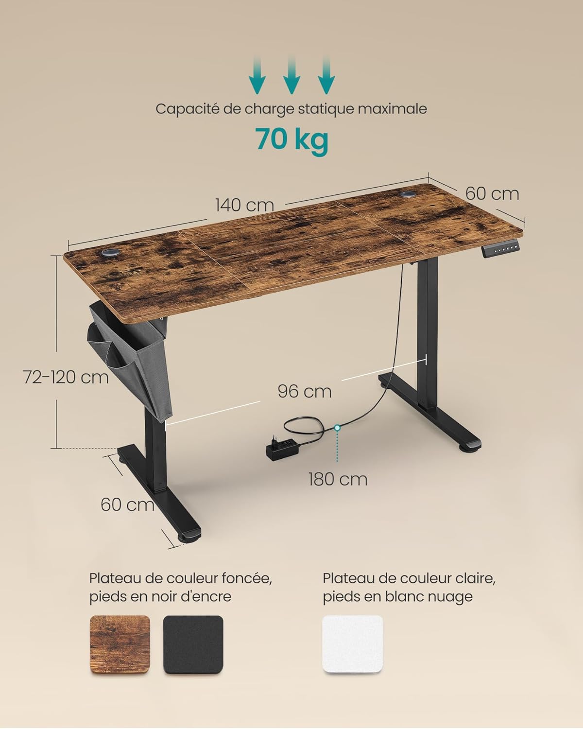 SONGMICS - bureau électrique réglable - 140x60 cm - mémoire 4 hauteurs, assis-debout, marron/noir - LSD134K01
