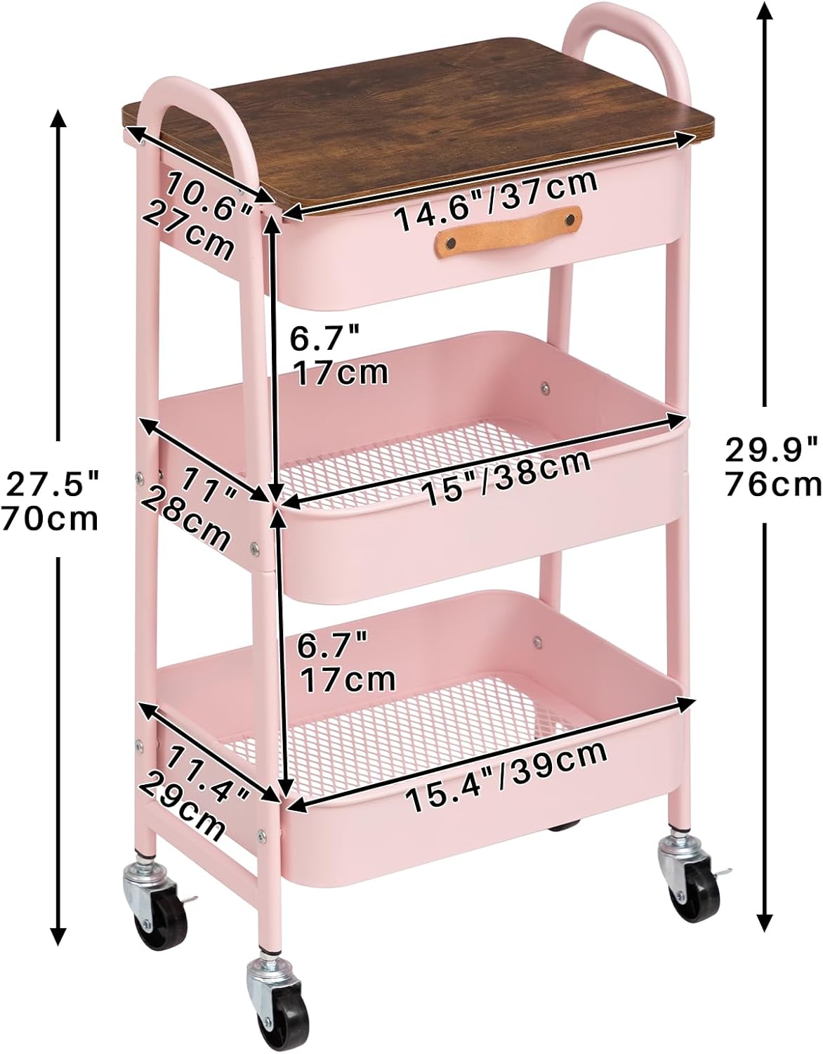 DOEWORKS - chariot 3 niveaux métal rose, tiroir, compact, cuisine, chambre