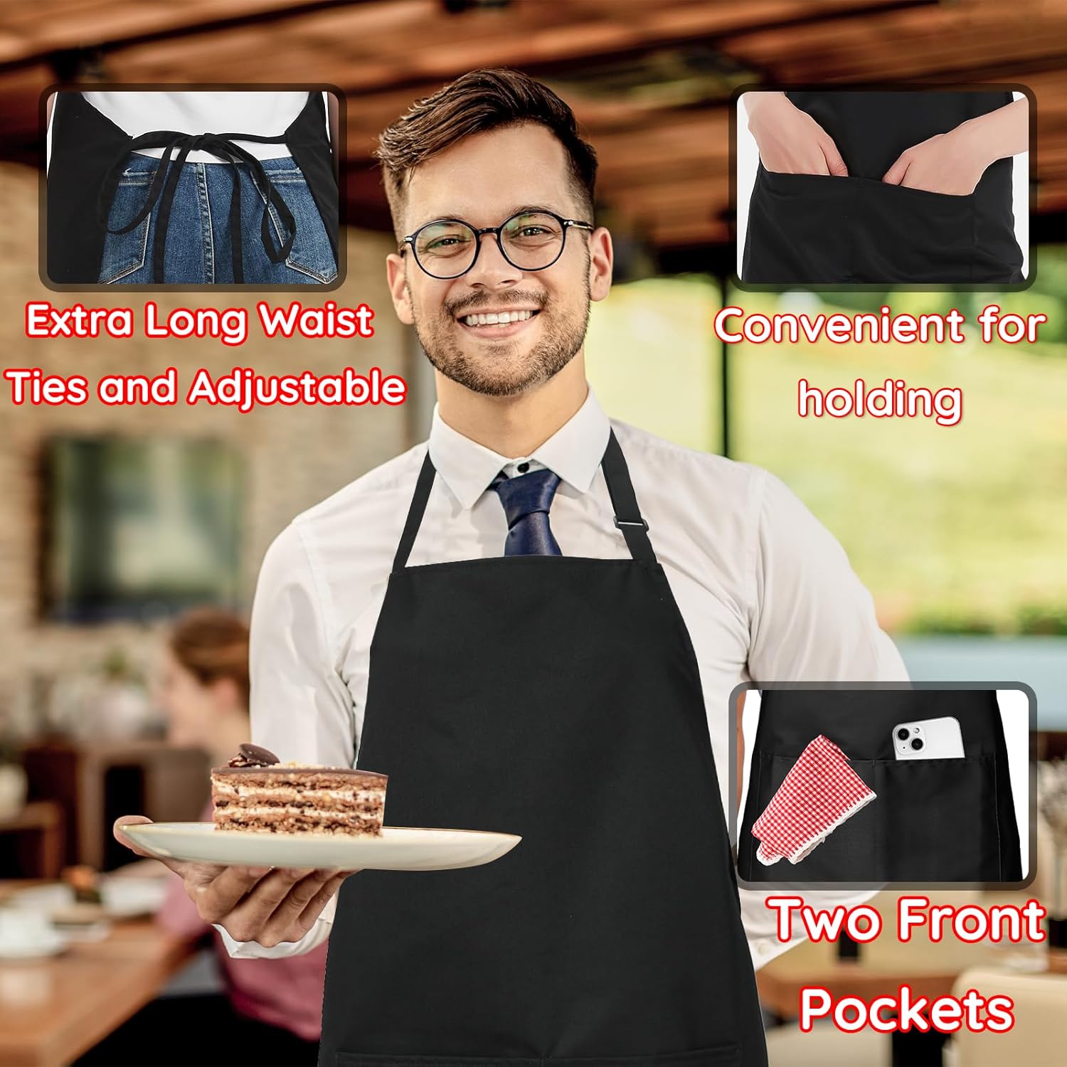 atopo - tablier chef pack 4 - noir, étanche, 2 poches, réglable
