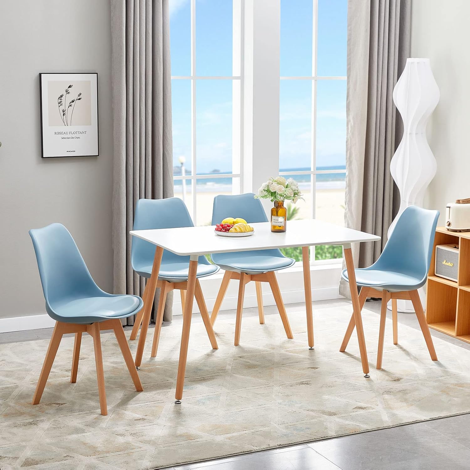EGGREE - chaises salle à manger lot de 8 - bois hêtre - rembourrées bleues